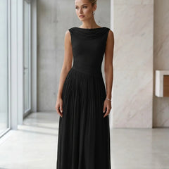 Draped Neck Pleated Midi Dress – Black