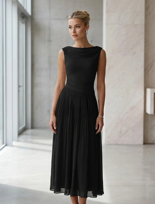 Draped Neck Pleated Midi Dress – Black