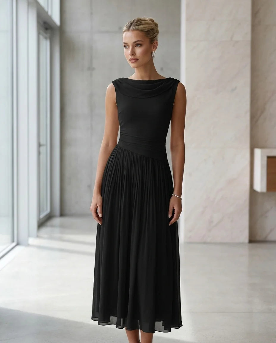 Draped Neck Pleated Midi Dress – Black