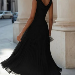 Draped Neck Pleated Midi Dress