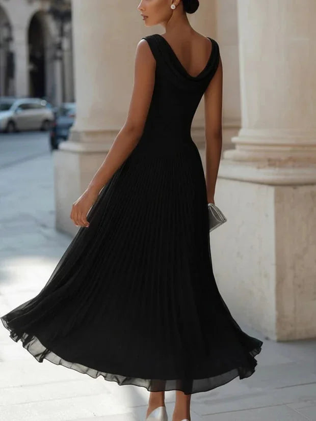 Draped Neck Pleated Midi Dress