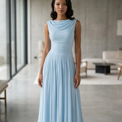 Draped Neck Pleated Midi Dress – Sky Blue