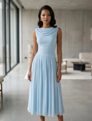 Draped Neck Pleated Midi Dress – Sky Blue