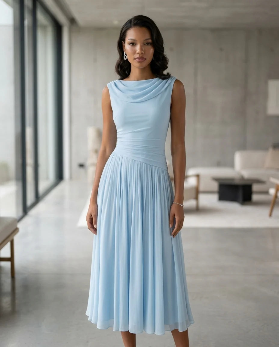Draped Neck Pleated Midi Dress – Sky Blue
