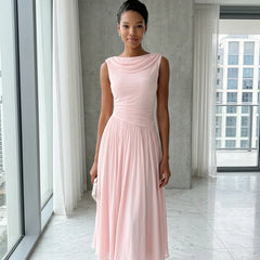 Draped Neck Pleated Midi Dress – Pink