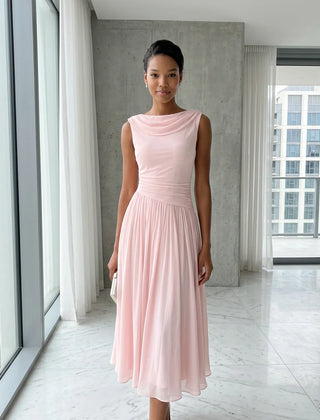 Draped Neck Pleated Midi Dress – Pink