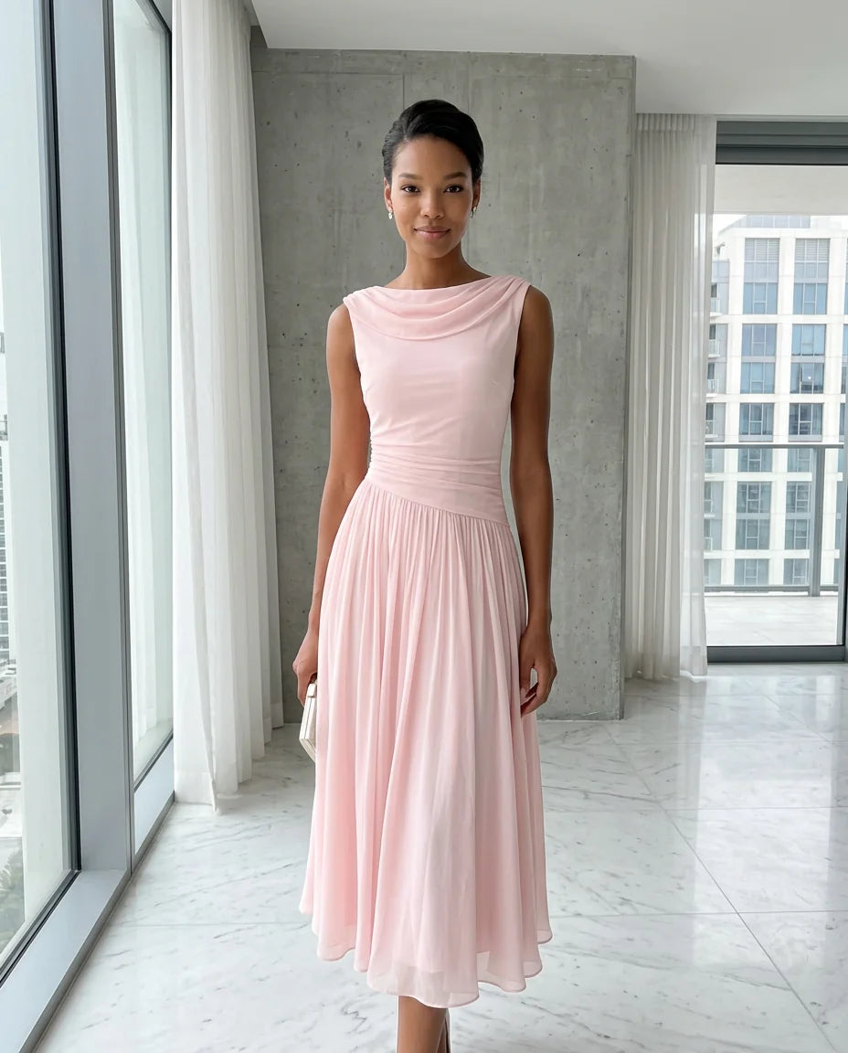 Draped Neck Pleated Midi Dress – Pink