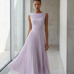 Draped Neck Pleated Midi Dress – Lavender