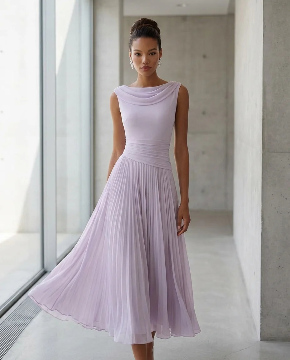 Draped Neck Pleated Midi Dress – Lavender