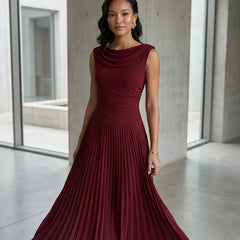 Draped Neck Pleated Midi Dress – Burgundy