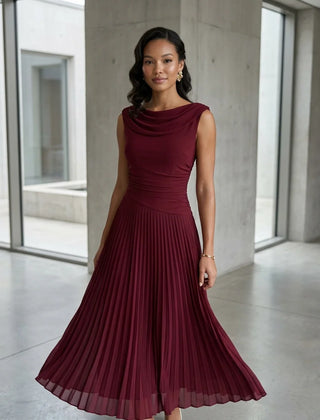 Draped Neck Pleated Midi Dress – Burgundy