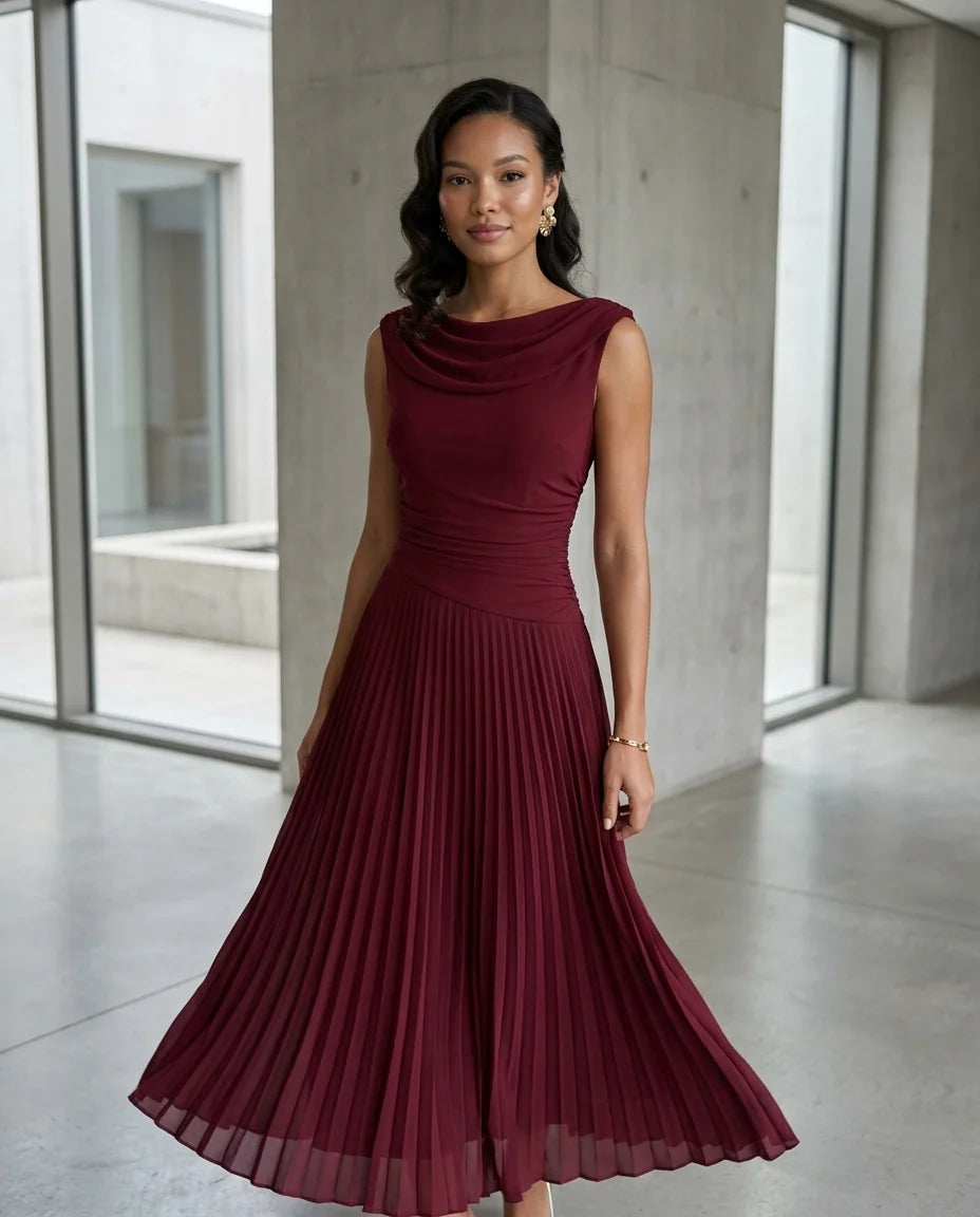 Draped Neck Pleated Midi Dress – Burgundy