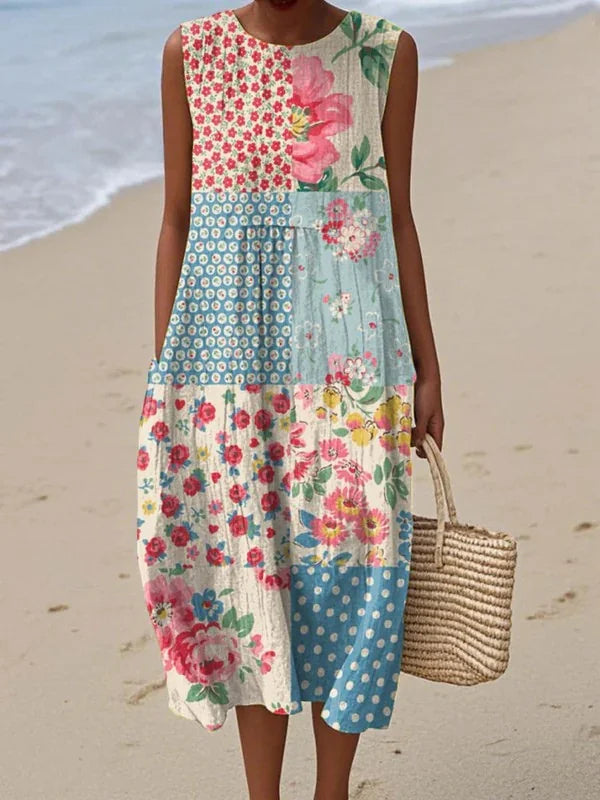 Relaxed Sleeveless Midi Dress – Multicolor
