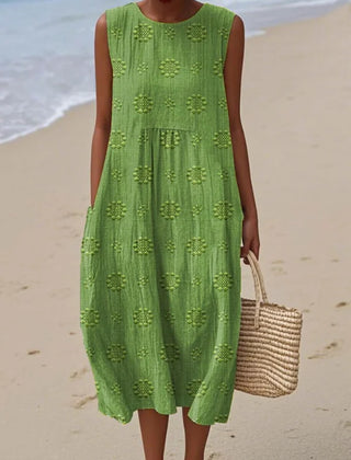 Relaxed Sleeveless Midi Dress – Flower Green