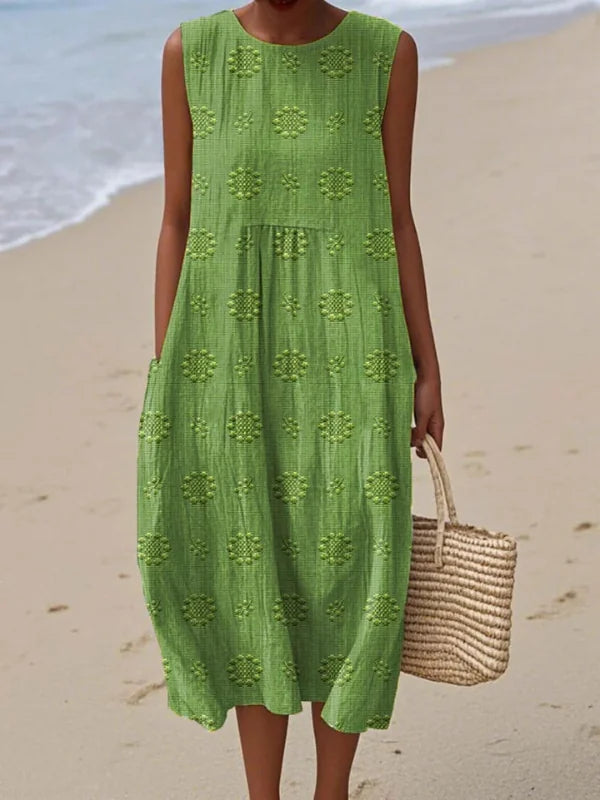 Relaxed Sleeveless Midi Dress – Flower Green