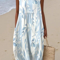 Relaxed Sleeveless Midi Dress – Floral Blue