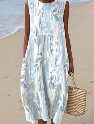 Relaxed Sleeveless Midi Dress – Floral Blue