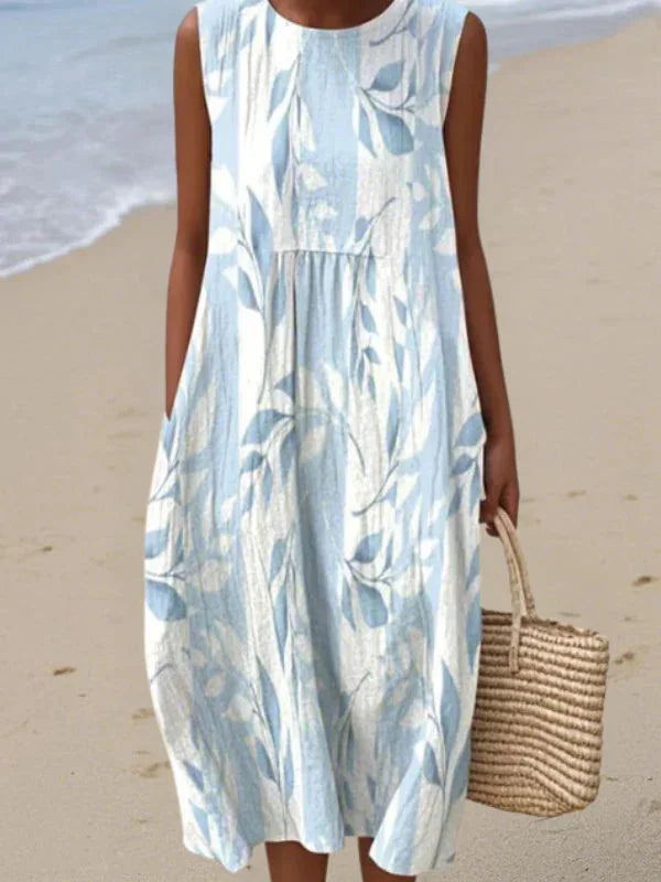 Relaxed Sleeveless Midi Dress – Floral Blue