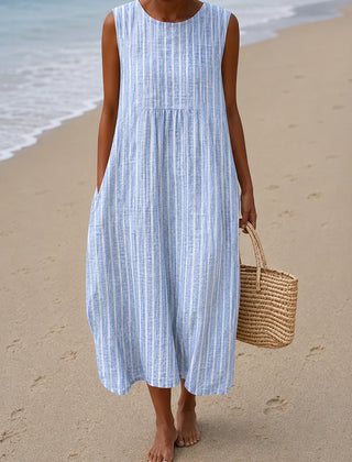 Relaxed Sleeveless Midi Dress – Striped Blue