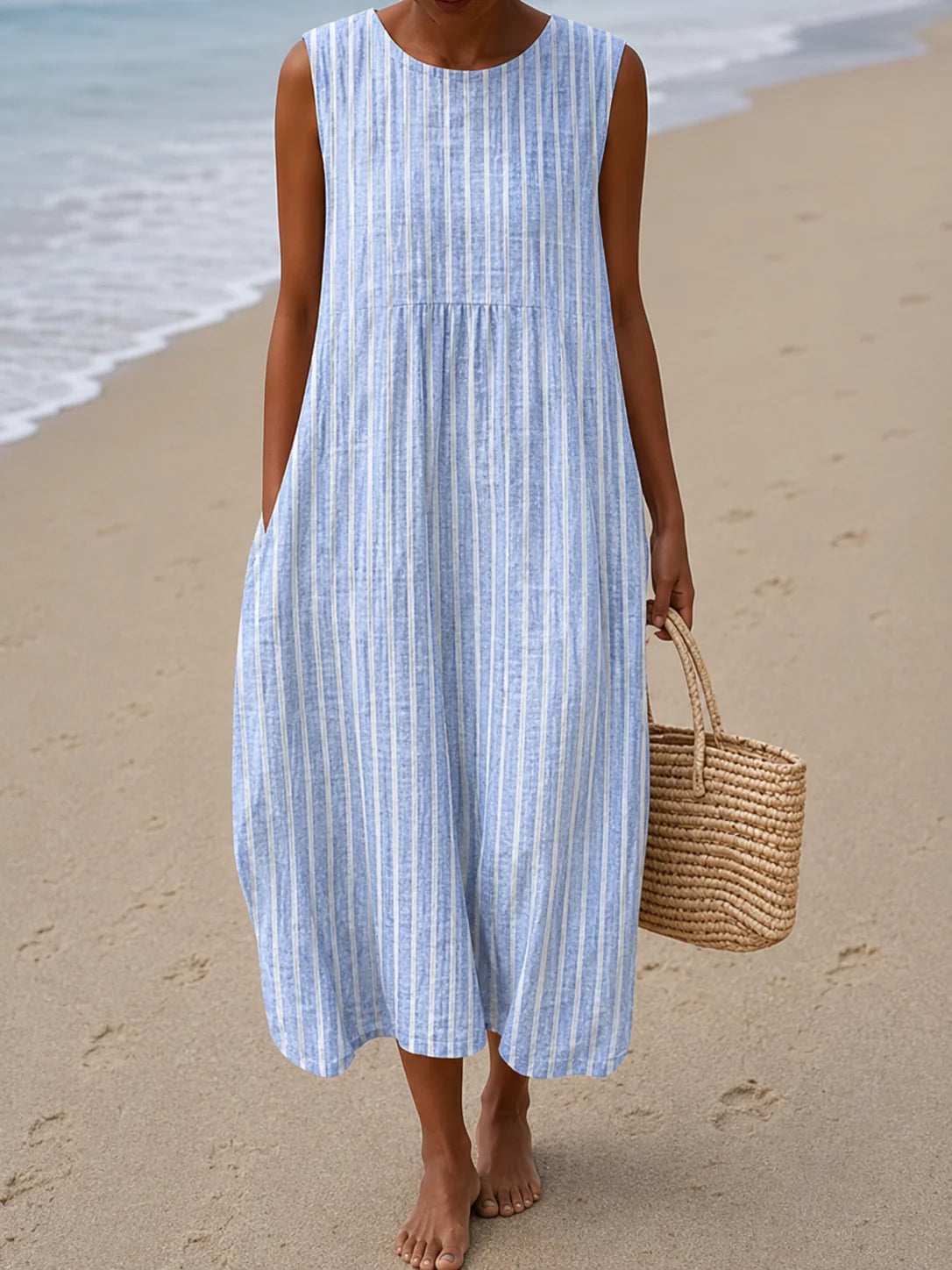Relaxed Sleeveless Midi Dress – Striped Blue