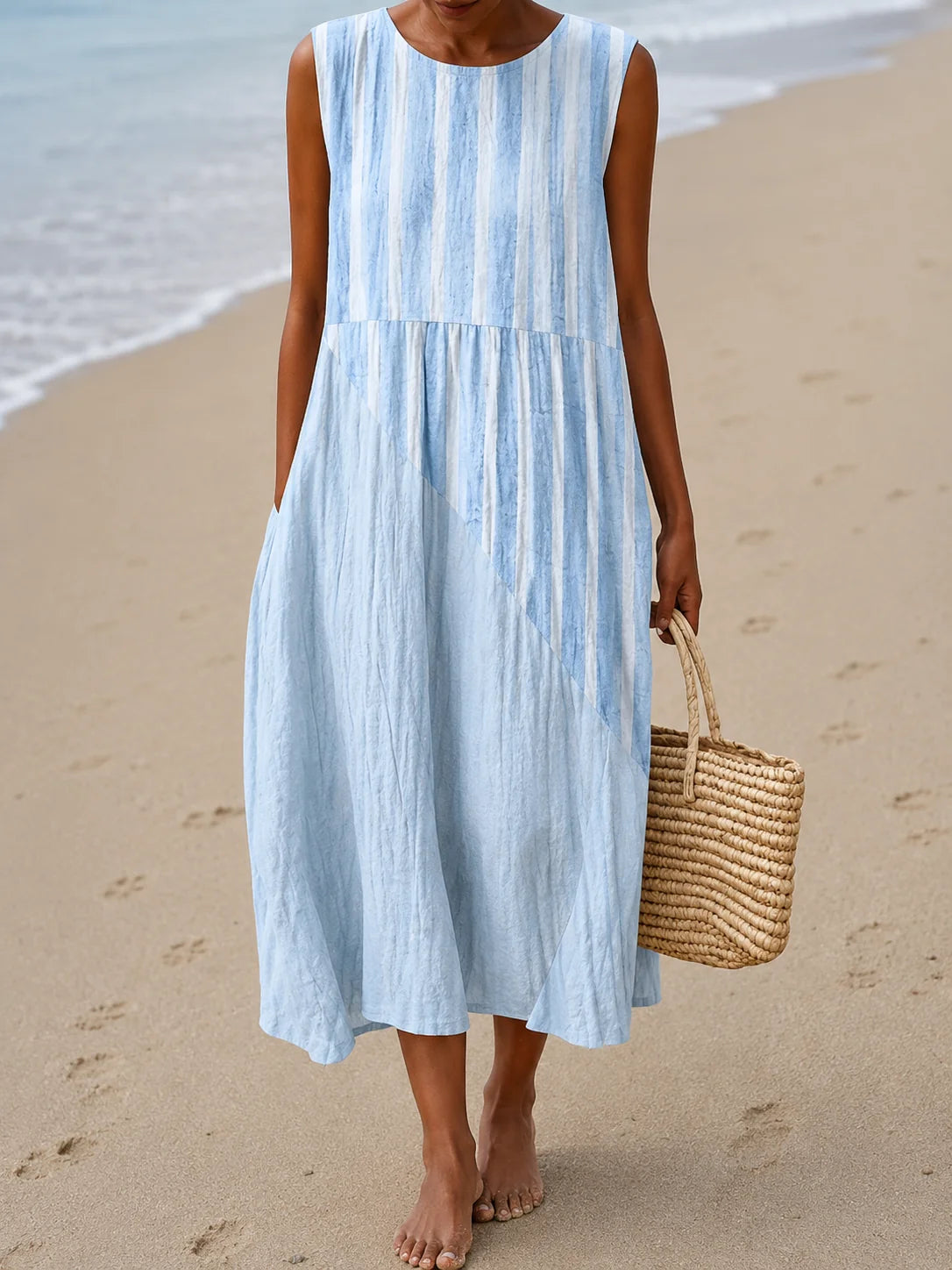 Relaxed Sleeveless Midi Dress – Blue