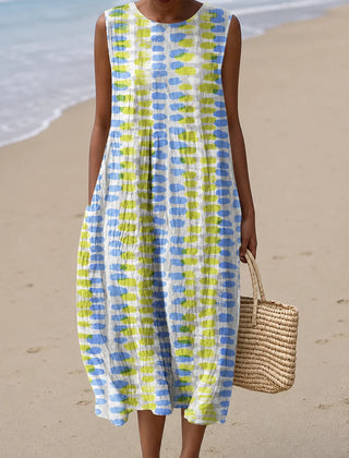 Relaxed Sleeveless Midi Dress – Striped Yellow
