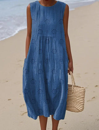 Relaxed Sleeveless Midi Dress – Flower Blue