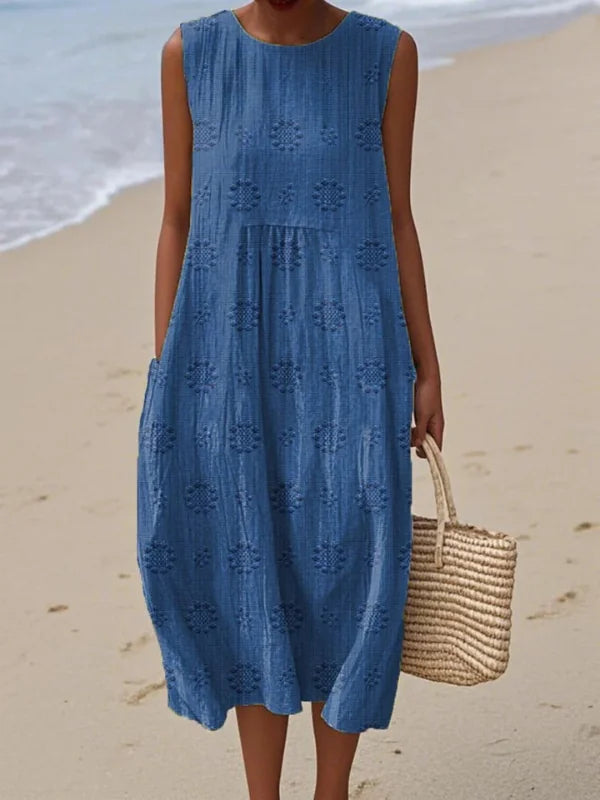 Relaxed Sleeveless Midi Dress – Flower Blue