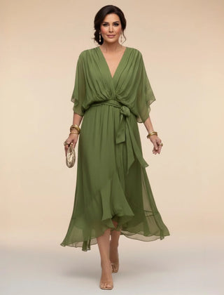 Flowy Sleeve V-Neck Dress – Green