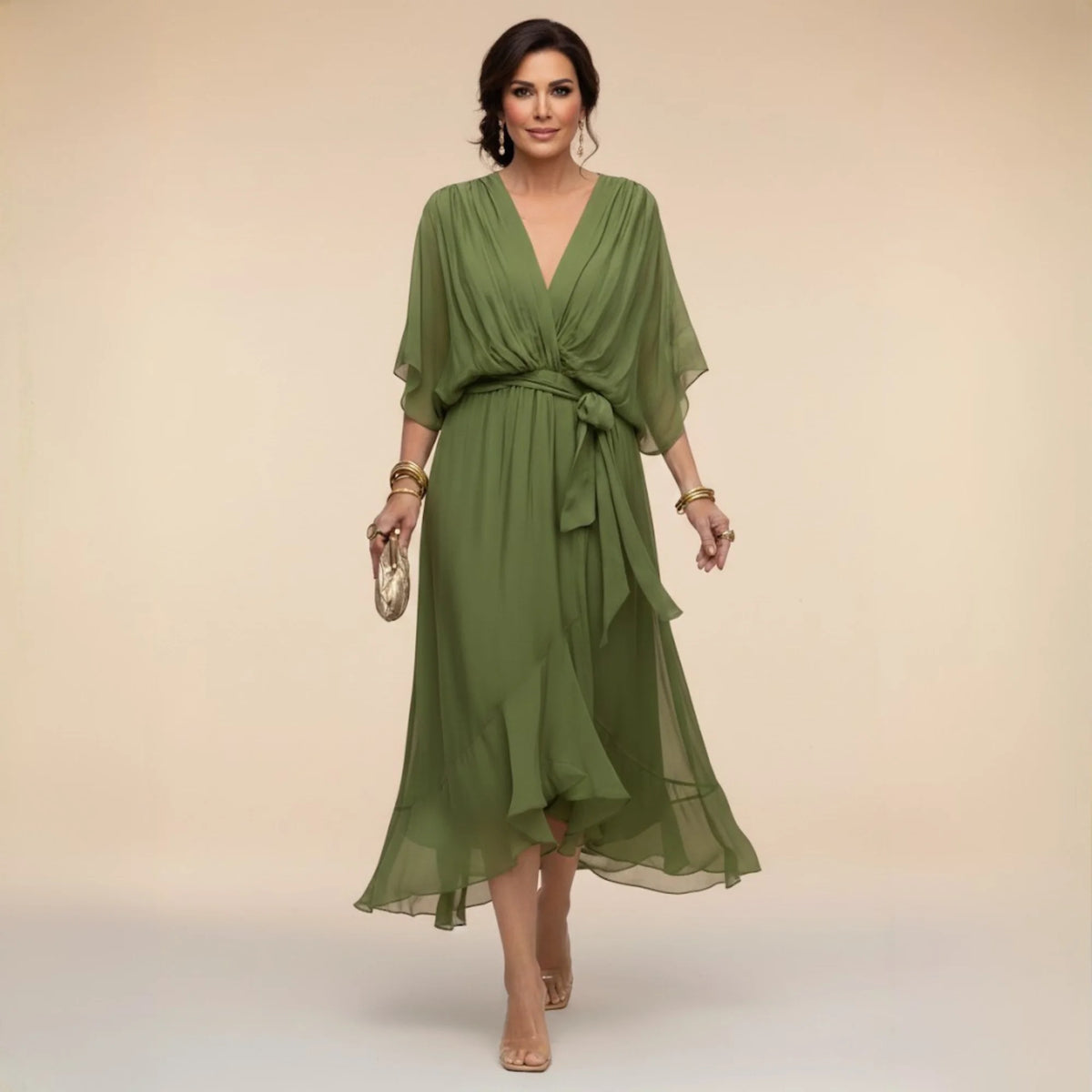 Flowy Sleeve V-Neck Dress – Green