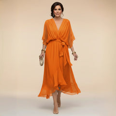 Flowy Sleeve V-Neck Dress – Orange