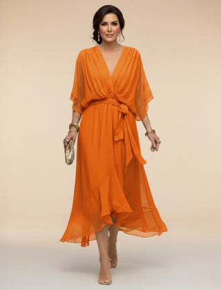 Flowy Sleeve V-Neck Dress – Orange