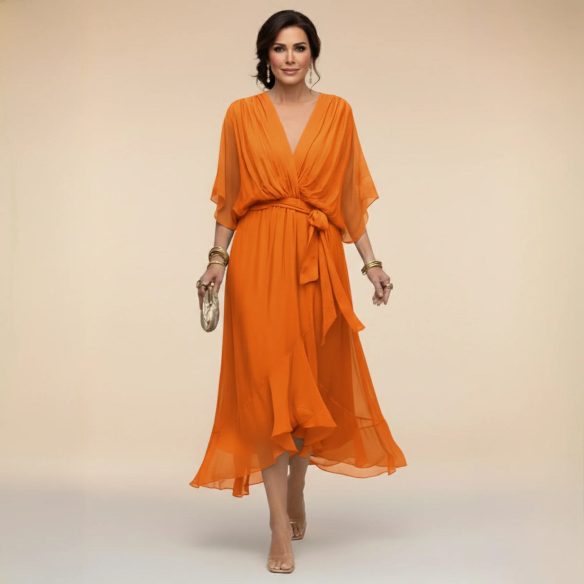 Flowy Sleeve V-Neck Dress – Orange