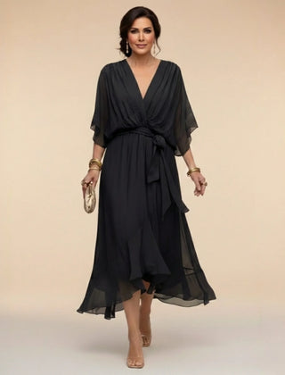 Flowy Sleeve V-Neck Dress – Black