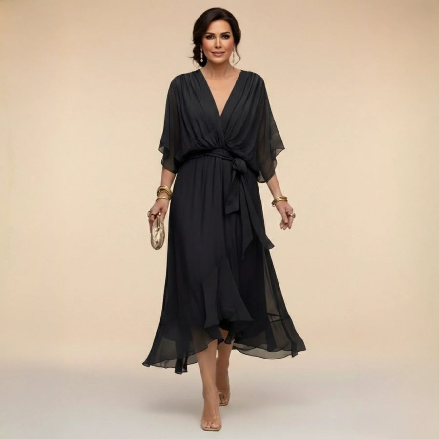 Flowy Sleeve V-Neck Dress – Black