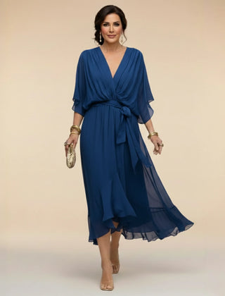 Flowy Sleeve V-Neck Dress – Blue