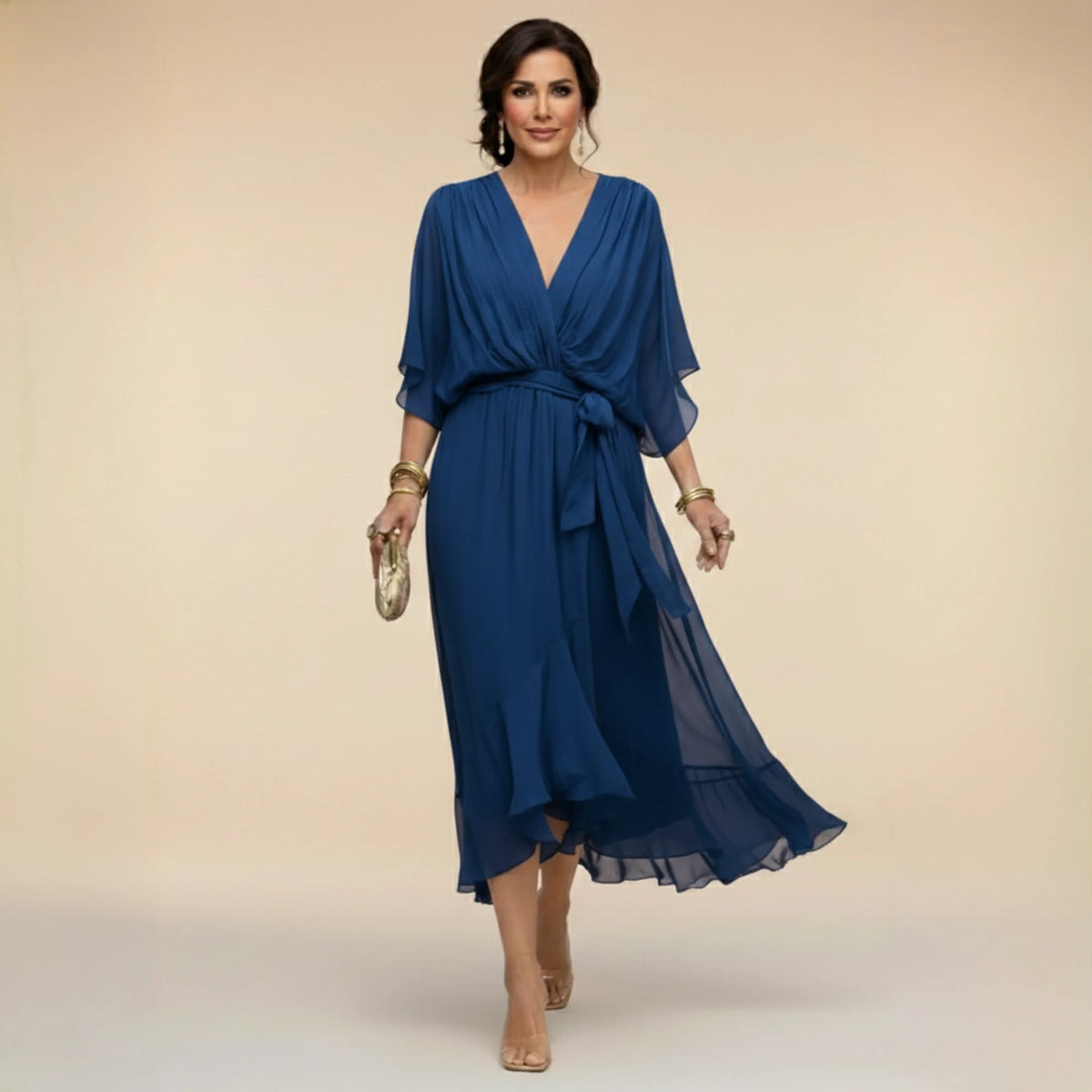 Flowy Sleeve V-Neck Dress – Blue