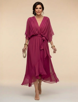 Flowy Sleeve V-Neck Dress – Dark Purple