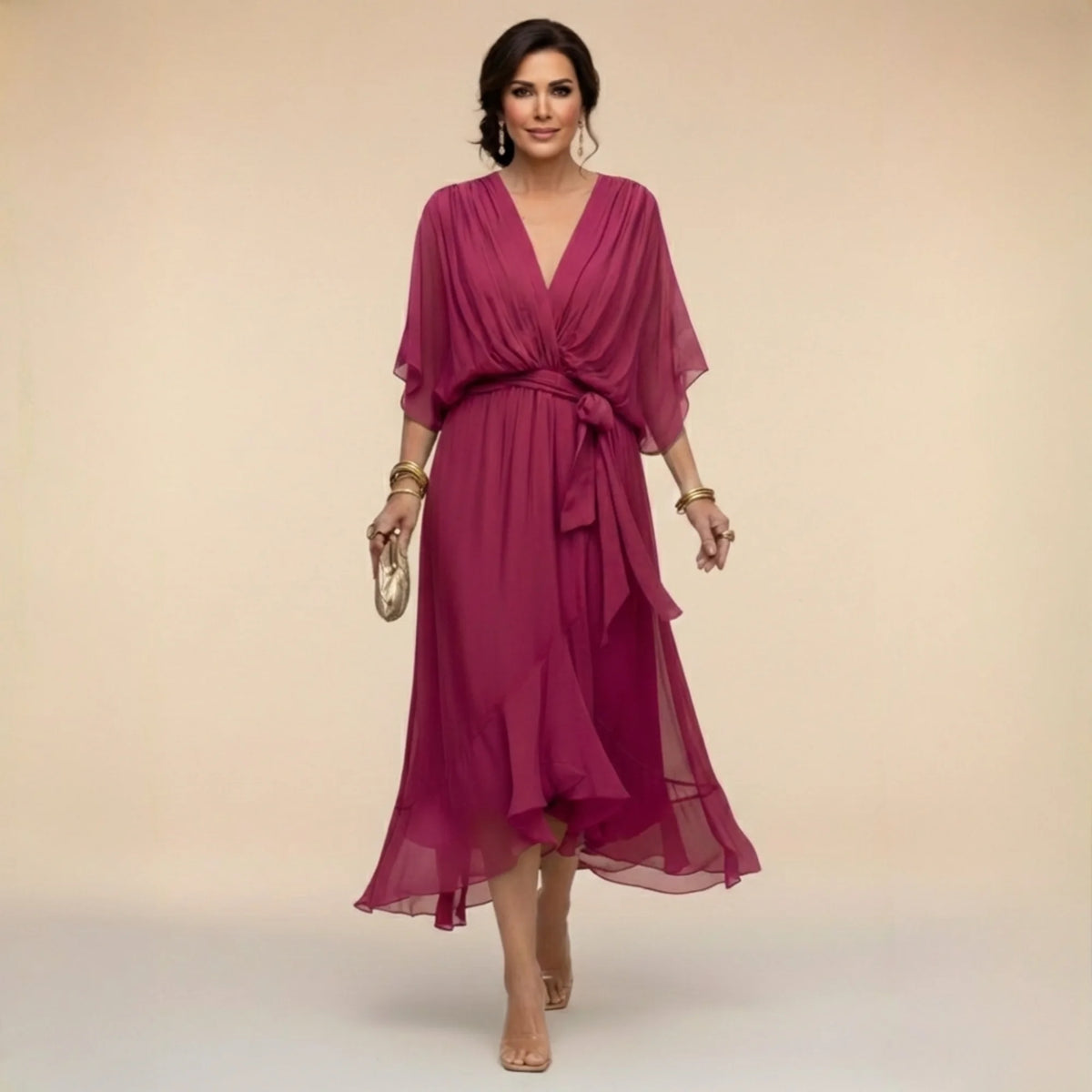 Flowy Sleeve V-Neck Dress – Dark Purple