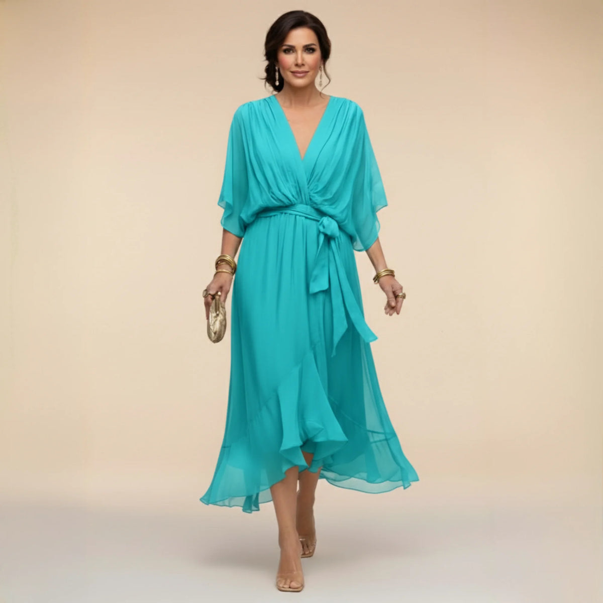 Flowy Sleeve V-Neck Dress – Navy Blue