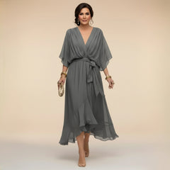 Flowy Sleeve V-Neck Dress – Grey