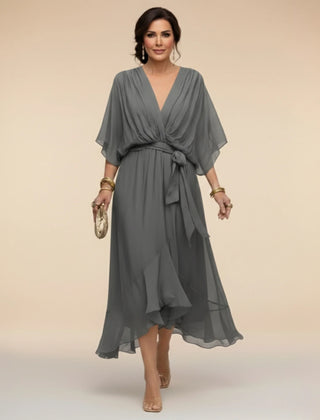 Flowy Sleeve V-Neck Dress – Grey