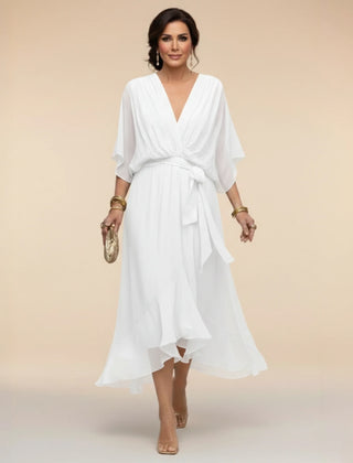 Flowy Sleeve V-Neck Dress – White