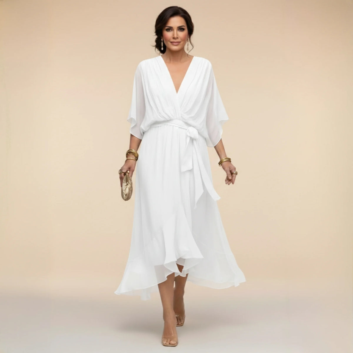Flowy Sleeve V-Neck Dress – White