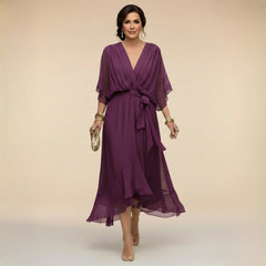 Flowy Sleeve V-Neck Dress – Purple