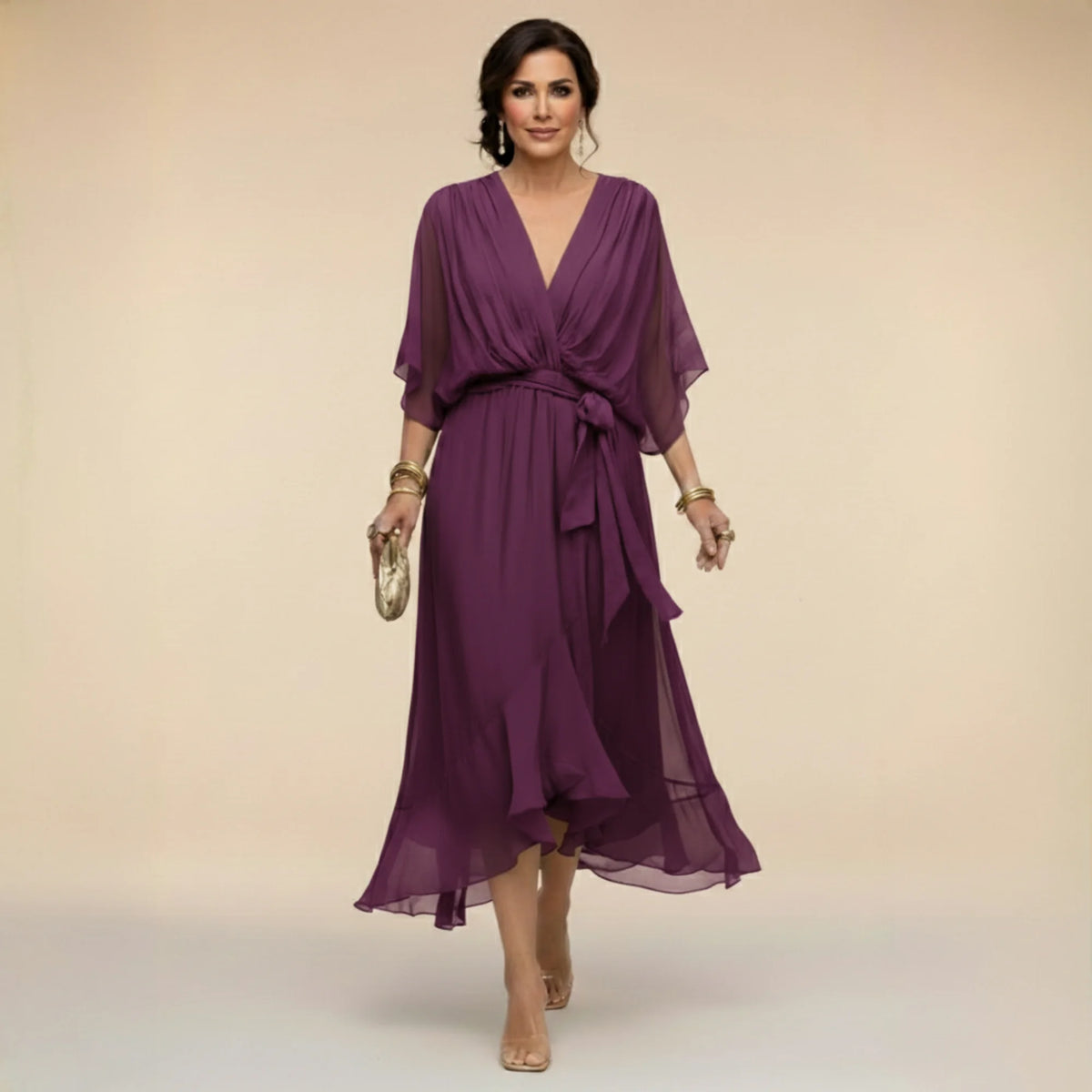 Flowy Sleeve V-Neck Dress – Purple