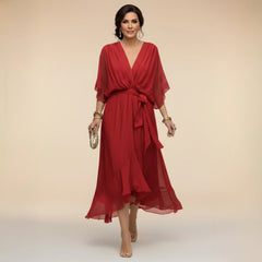 Flowy Sleeve V-Neck Dress – Red