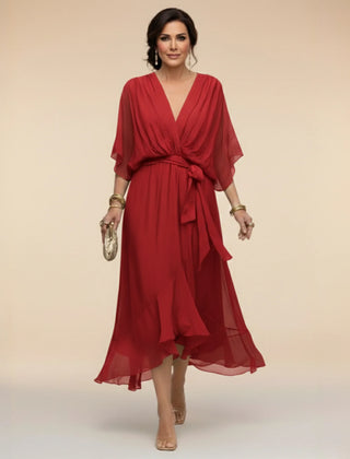 Flowy Sleeve V-Neck Dress – Red