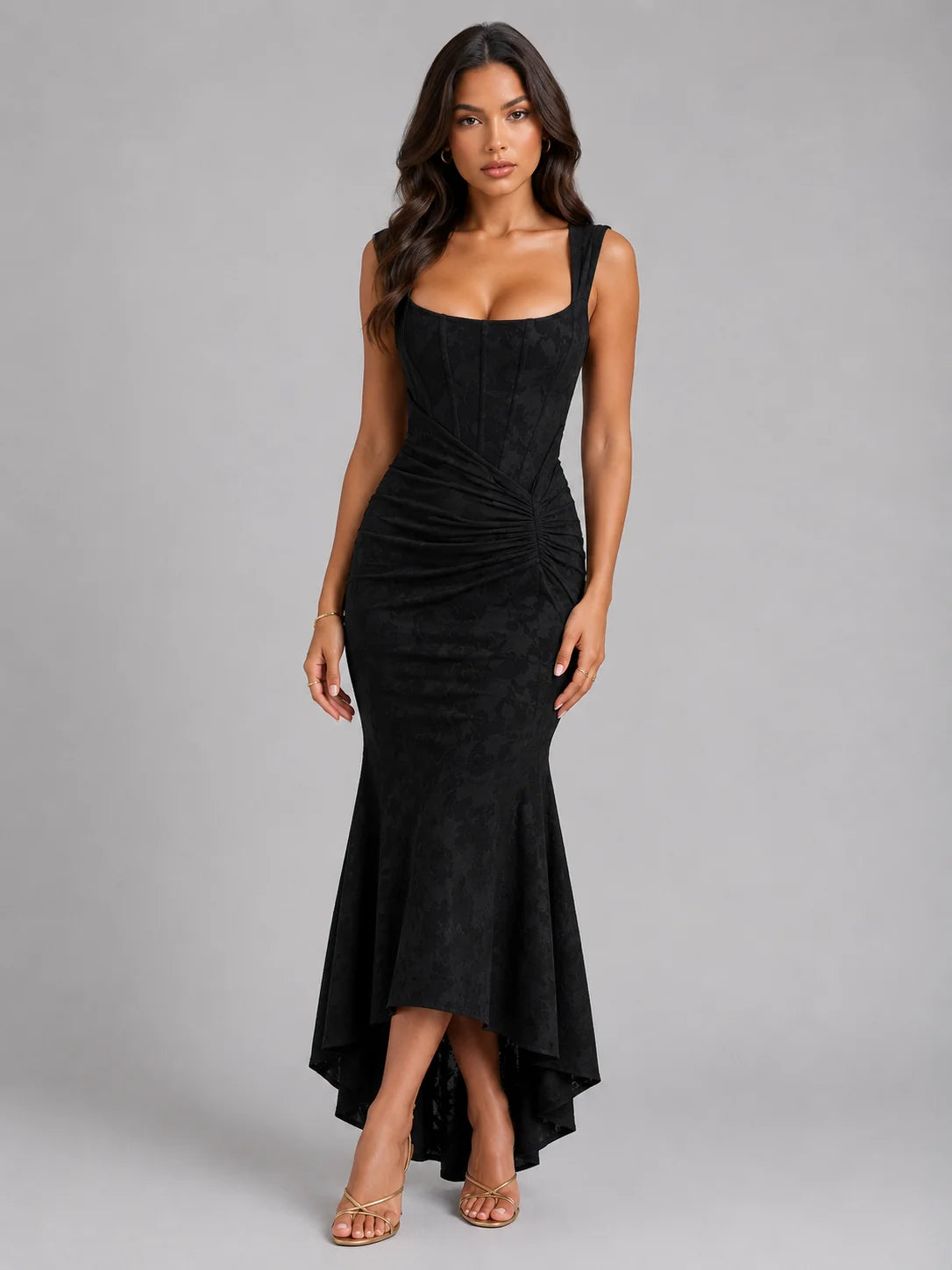 Corset Fishtail Maxi Dress – Black