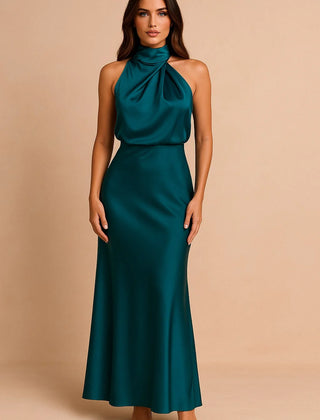 Draped Neckline Midi Dress – Blue
